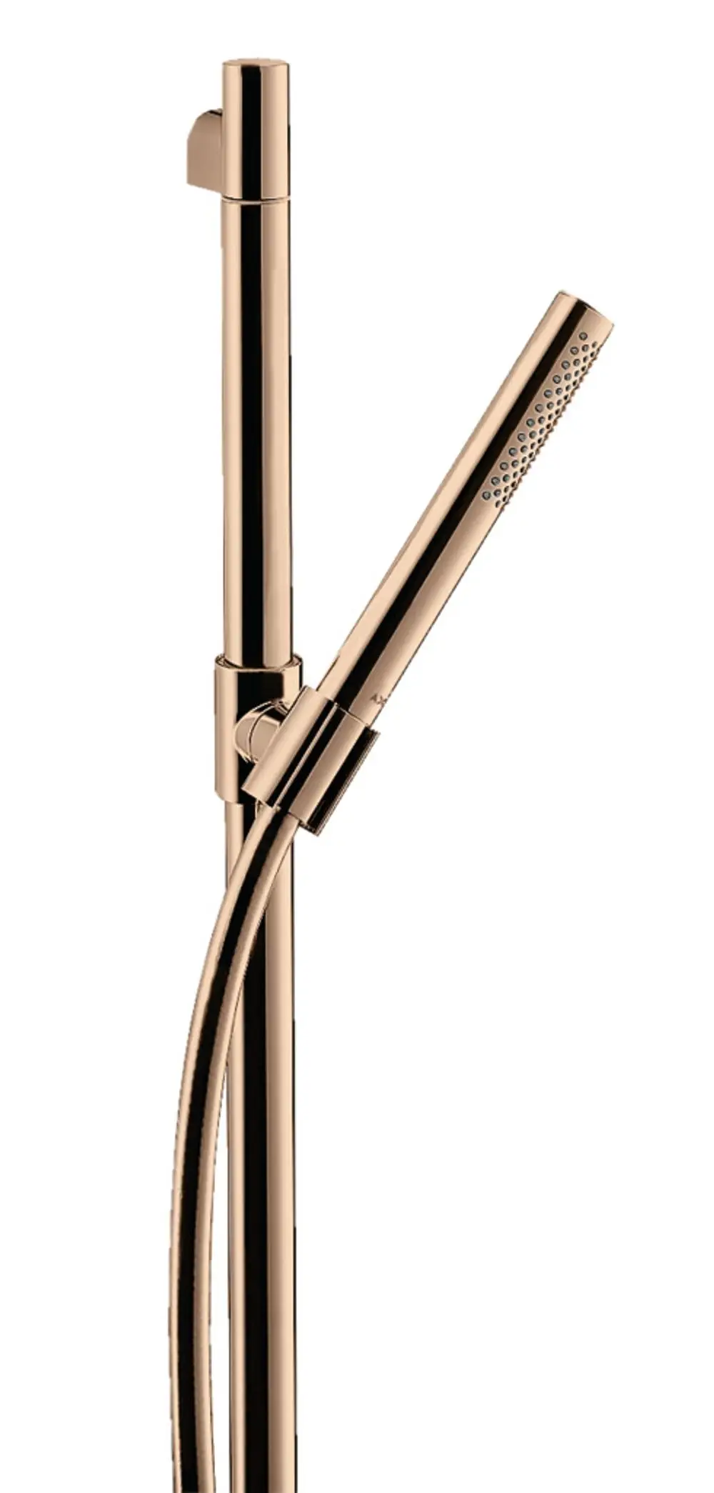 Brauseset mit Wandhalterung, flexibler Schlauch und Handbrause von AXOR in glänzendem Rotgold. Schlichte, funktionale Gestaltung für eine moderne Badezimmerausstattung.